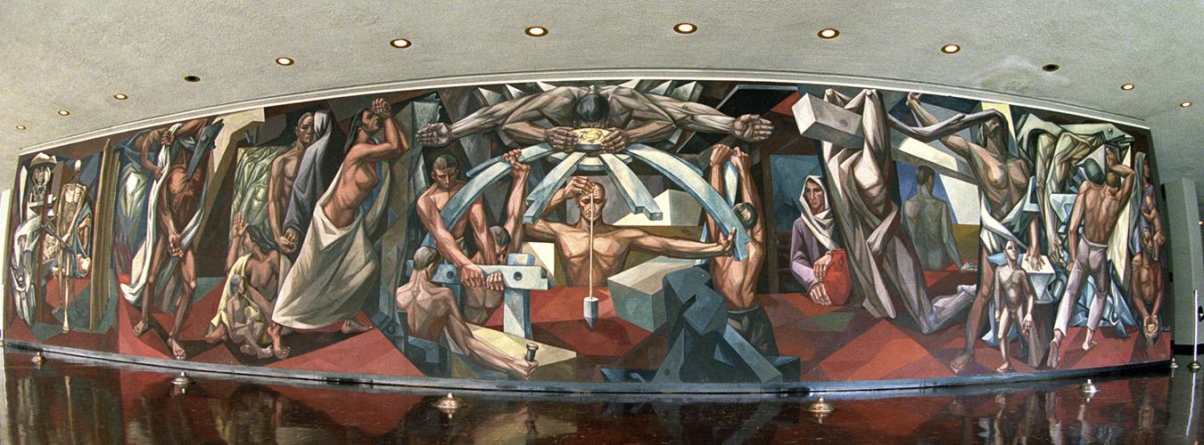 Peinture murale illustrant au centre un homme à quatre bras qui implante l'emblème de l'Organisation des Nations Unies sur le dôme d'un bâtiment