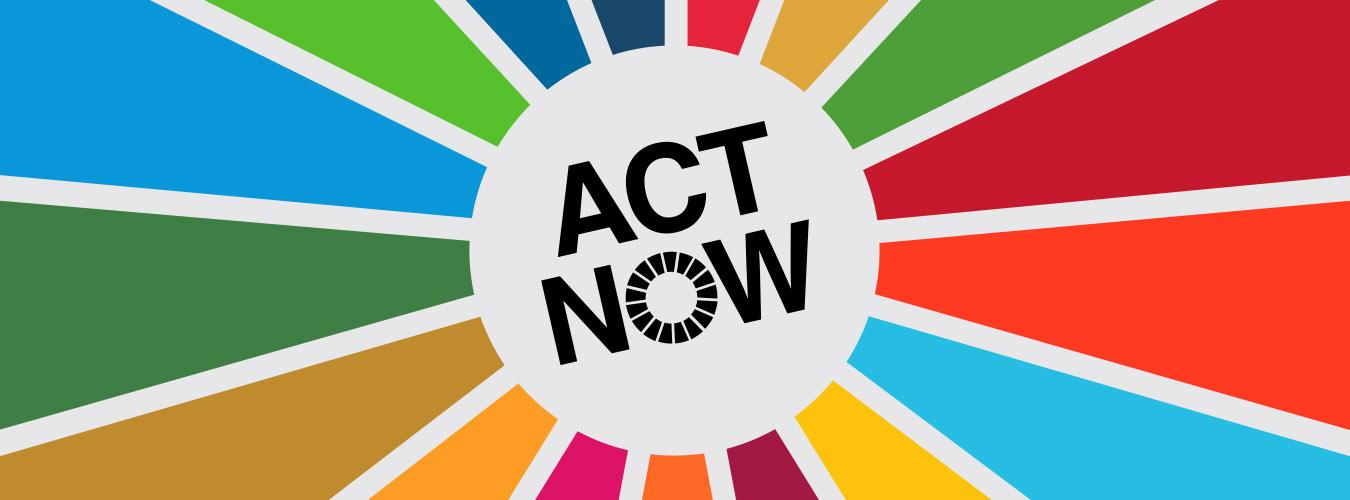Bannière aux couleurs des objectifs de développement durable avec marqué au centre ACT NOW, de la campagne Agissons