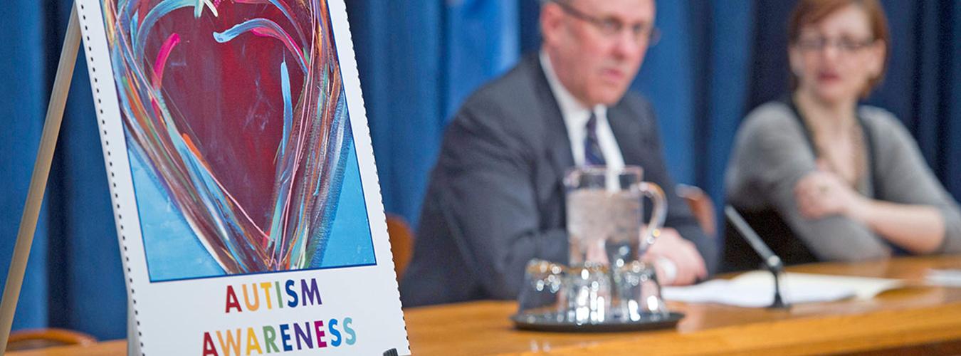 Photo of press conference in 2012 on UN stamps issued to commemorate World Autism Day. 