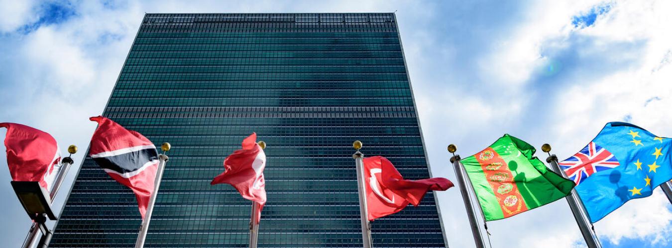 Вид на здание Секретариата ООН с флагами государств-членов ООН на переднем плане.
