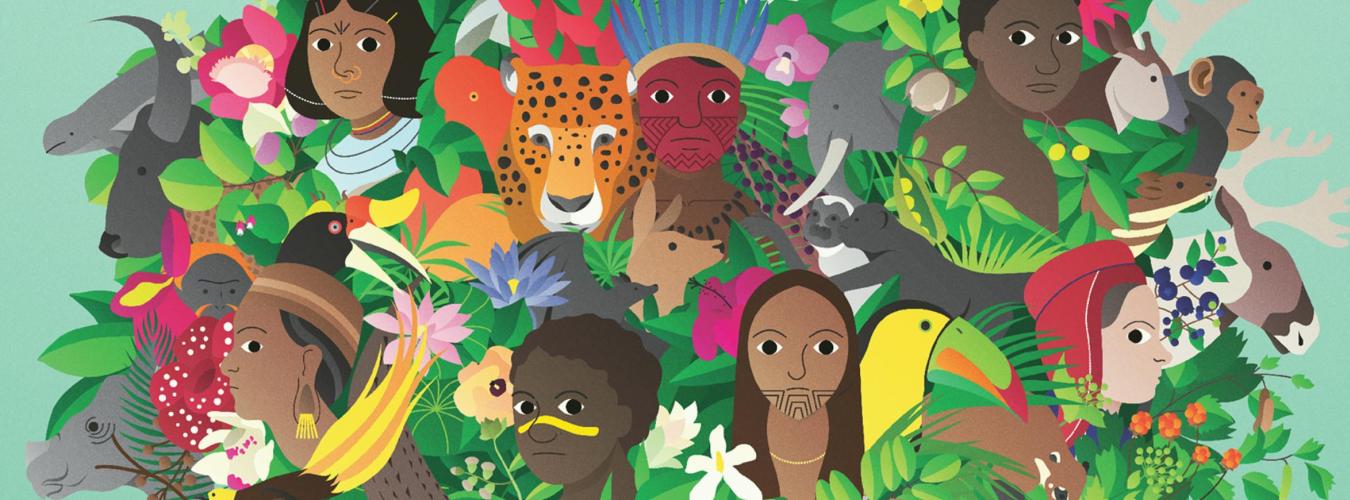 Illustration of animals and indigenous people among the branches of a forest.