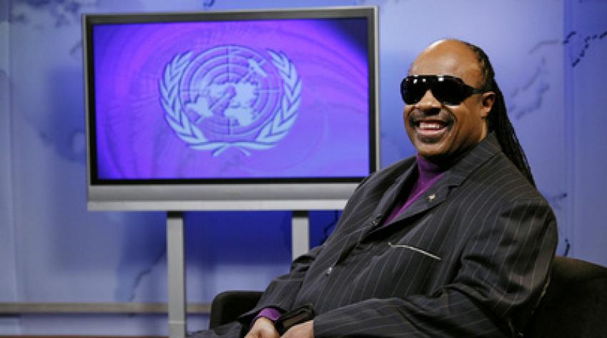 Stevie Wonder, newly-inducted United Nations Messenger of Peace, sits for a UN Television interview.