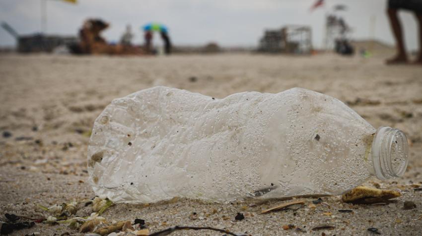 A single-use plastic water bottle recovered during a recent beach cleanup in Jones Beach, NY