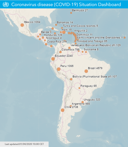 A map of Latin America with COVID-19 data.