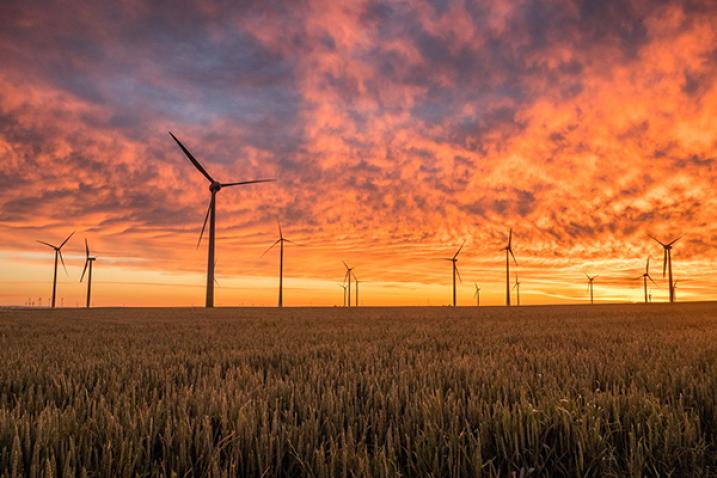 Des éoliennes dans un paysage de coucher de soleil. 