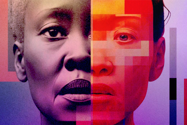 Couverture du rapport sur l'état de la population mondiale 2023 : un composite du visage d'une femme utilisant la moitié de deux visages de femmes