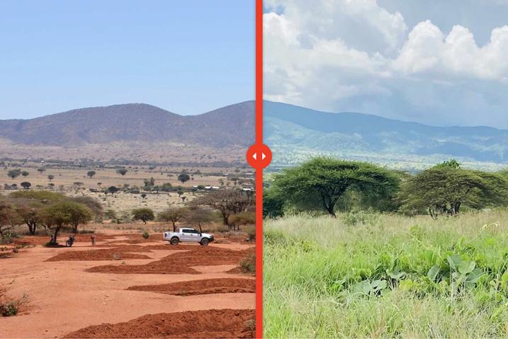 Before and after comparison of a desolate desert versus a lush green landscape