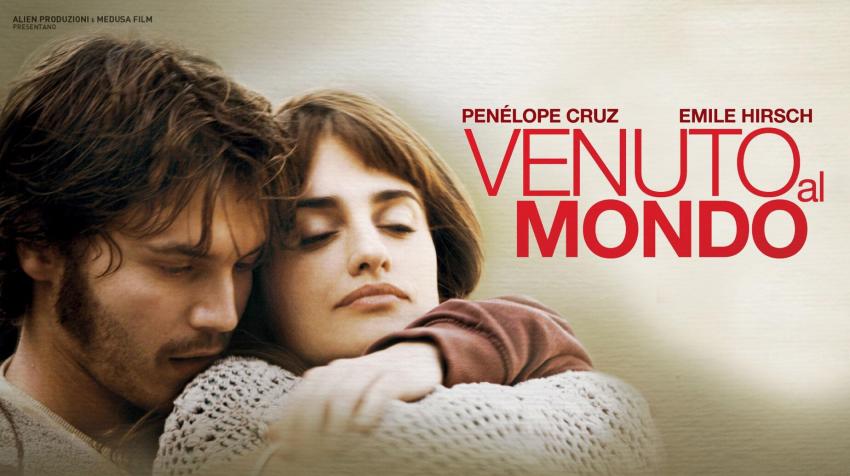 A man and a woman who seems like romantic partners are on the left side of the picture, with the movie title, "Venuto al Mondo" to the right. 