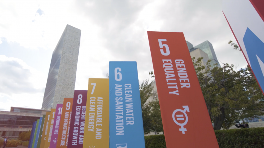 UN Headquarters building is seen during the 2019 SDG Action Zone
