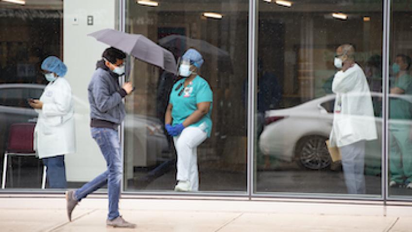 Mount Sinai hospital, Astoria, queens. Staff of the hospital wait in line to be tested before returning to work.