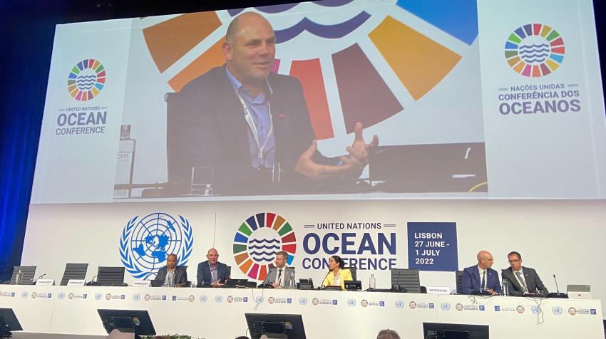 Duncan Copeland represents the Joint Analytical Cell at the Transparency, Technology, and Illegal, Unreported and Unregulated Fishing side event, 2022 United Nations Ocean Conference, Lisbon, Portugal. © TM-Tracking