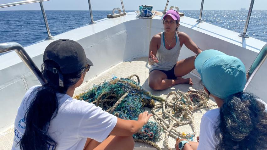Dr. Asha de Vos, founder and Executive Director of Oceanswell, the Sri Lanka-based marine conservation research and education organization, working at sea with members of her team.