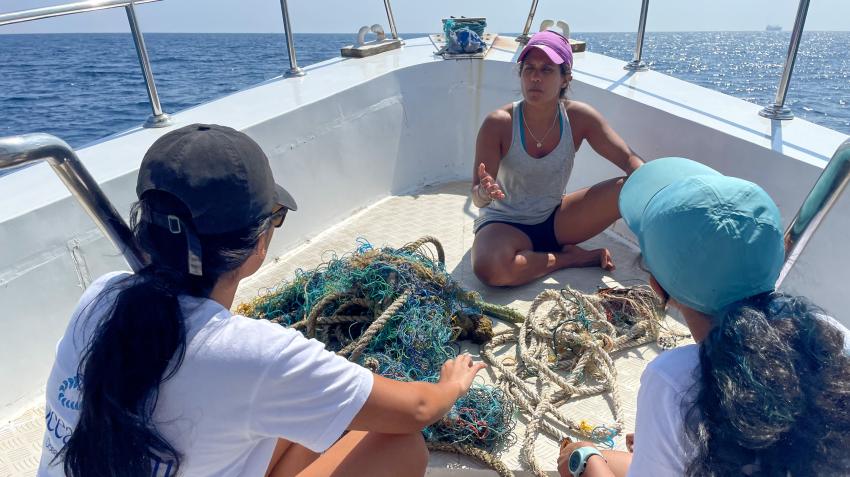 Dr. Asha de Vos, founder and Executive Director of Oceanswell, the Sri Lanka-based marine conservation research and education organization, working at sea with members of her team. Dr. Asha de Vos, founder and Executive Director of Oceanswell, the Sri Lanka-based marine conservation research and education organization, working at sea with members of her team.