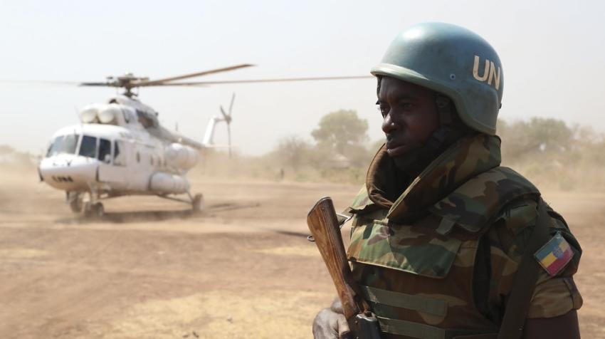 A UN peacekeeper serving in South Sudan stands guard at an airbase in Mundri (Photo: UN Photo/Isaac Billy)