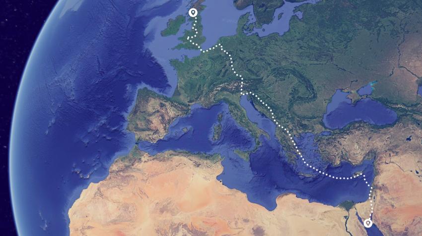 Map of the 7,767km Running Out of Time relay route between Glasgow, Scotland and Sharm el-Sheikh, Egypt. Credit: Running Out of Time