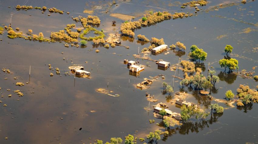 An aerial view of the devastation in Pakistan caused by catastrophic flooding in 2022. Photo taken during a visit by United Nations Secretary-General António Guterres, 10 September 2022. UN Photo/Eskinder Debebe