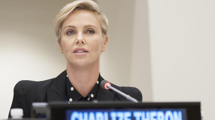 UN Messenger of Peace Addresses High-Level UNAIDS Event Charlize Theron  addresses a High-Level UNAIDS event - close up and name plate visible