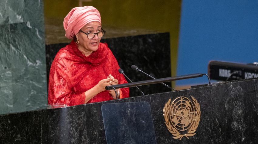 United Nations Deputy Secretary-General Amina J. Mohammed addresses the event “Her Land. Her Rights: Advancing Gender Equality and Land Restoration Goals” in the General Assembly Hall on June 2023. UN Photo/Manuel Elías.