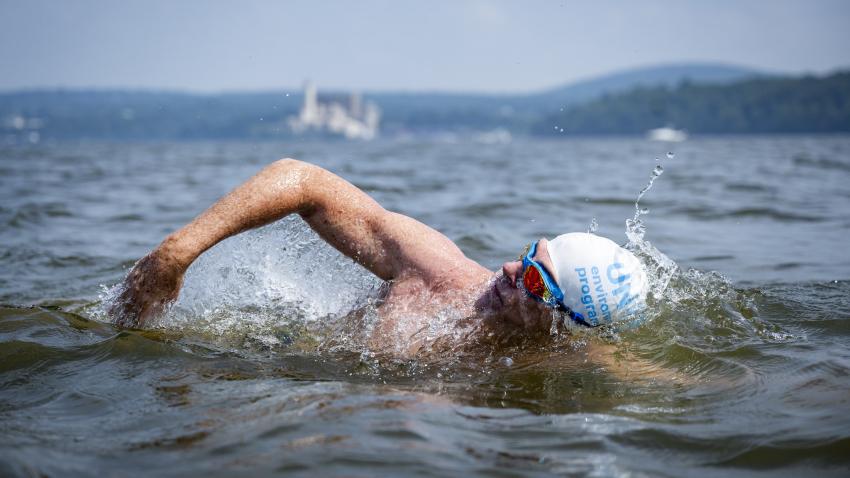 Lewis Pugh swimming in the Hudson river