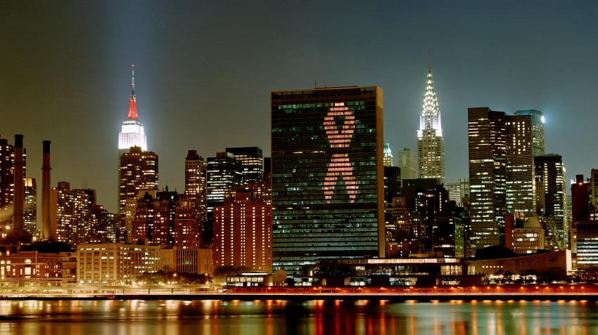 United Nations Lit with Red Ribbon