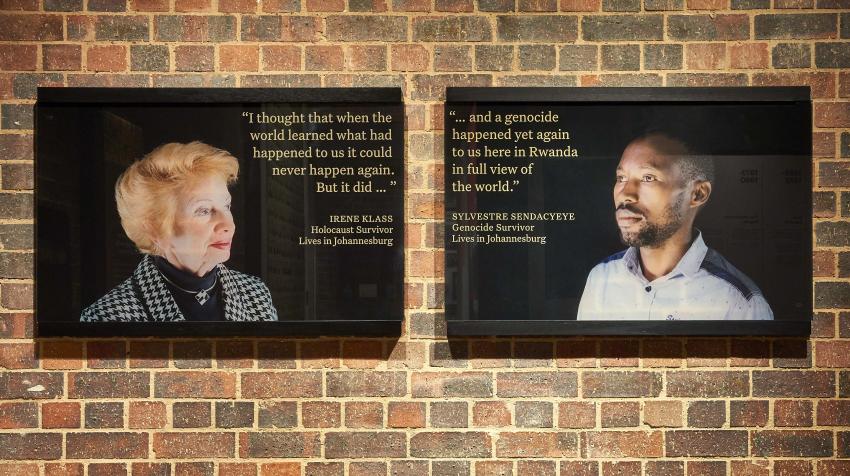 Images and words of survivors Irene Klass and Sylvestre Sendacyeye, part of the exhibition at the Johannesburg Holocaust & Genocide Centre, Johannesburg, South Africa. Photo: Anthea Pokroy