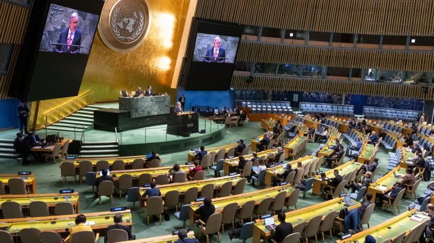 UN Photo/Eskinder Debebe. UN Secretary-General António Guterres briefs the General Assembly on the work of the Organization. 