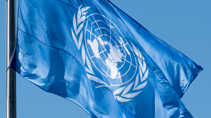 close-up of UN flag waving in the wind