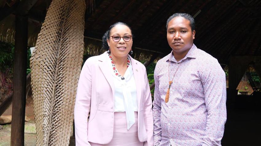 UN News/ Brianna Rowe. Sylvania Burton (l), President of Dominica, with Lorenzo Sanford, Chief of the Kalinago people