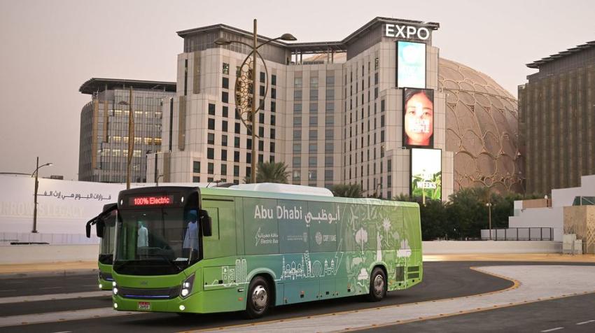 COP28/Anthony Fleyhan. 100% electric bus near Expo City in Dubai during the COP28 UN Climate Change Conference in 2023.