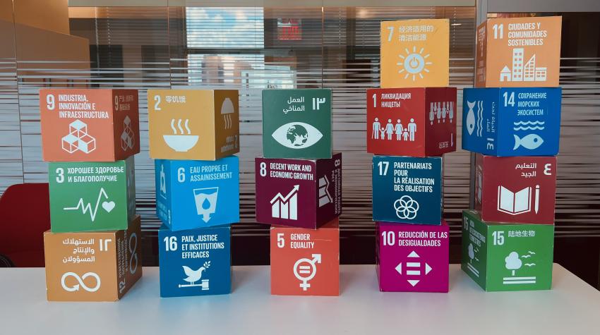 The 17 SDG blocks on a classroom table