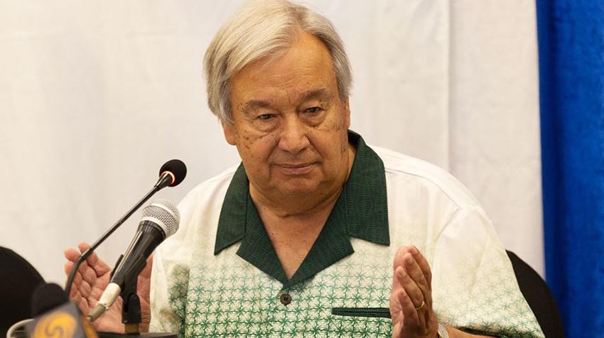 UN Photo/Kiara Worth. UN Secretary-General António Guterres briefs journalists at the launch in Tonga of the WMO Pacific climate report. UN Photo/Kiara Worth. UN Secretary-General António Guterres briefs journalists at the launch in Tonga of the WMO Pacific climate report.