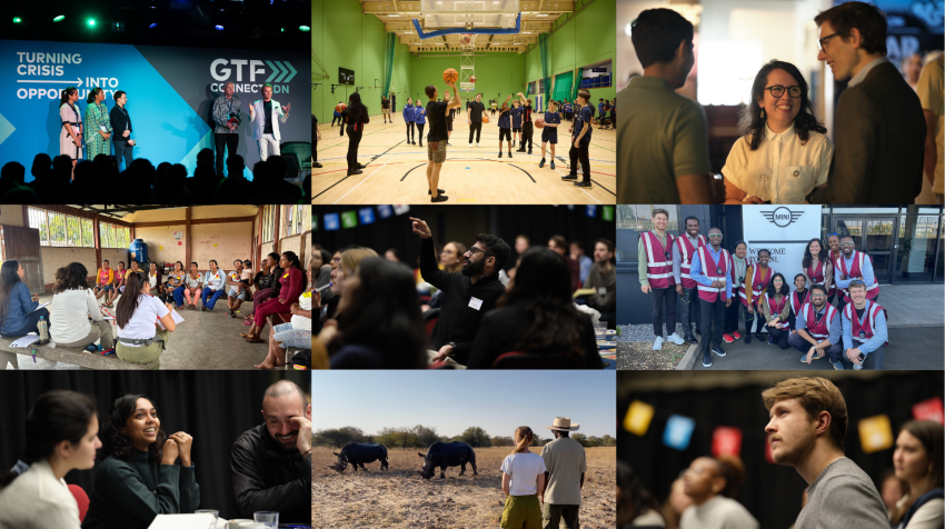 The image is comprised of nine photos. Each shows students and faculty doing a different activity. Sitting in a lecture hall, playing basketball, speaking on a stage, watching a rhinoceros.