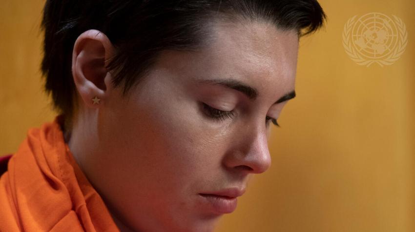 A participant at the official commemoration of the United Nations International Day for the Elimination of Violence against Women “Orange the World: Generation Equality Stands Against Rape”. New York, 25 November 2019. UN Photo/Evan Schneider