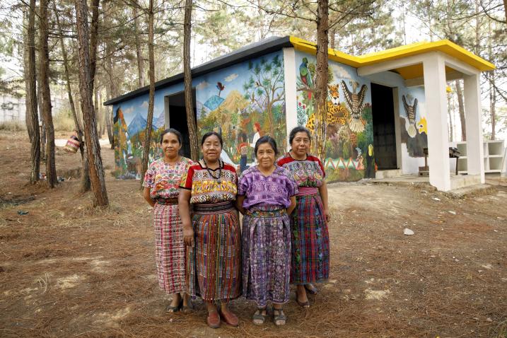 From left, artist María Nicolasa Chex, human rights activist Rosalina Tuyuc Velásquez, and artists Paula Nicho Cumez and María Elena Curruchiche at the Center for the Historical Memory of Women in Comalapa, Guatemala. 14 April 2018. UN-Women/Ryan Brown.