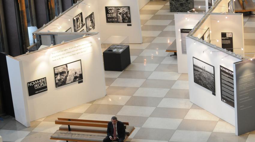 Bird's eye view of the Visitors' Lobby showing exhibition walls on both sides of the hallway. 