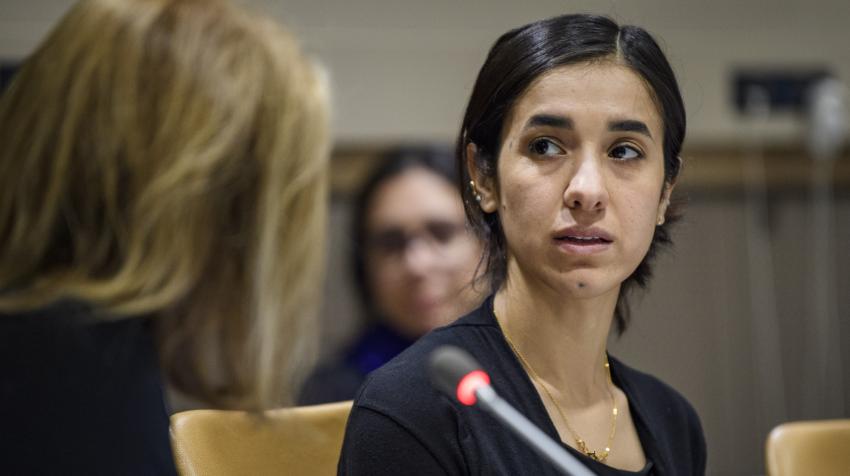 Nadia Murad details her fight against ISIL as part of a panel discussion on trafficking in persons organized by the United Nations Office on Drugs and Crime (UNODC). New York, 20 November 2017. UN Photo/Manuel Elias.  