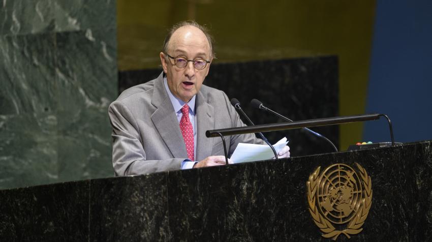 Guillermo Fernández de Soto, Permanent Representative of the Republic of Colombia to the United Nations and Chairman of the Peacebuilding Commission for 2019, delivers to the General Assembly a report by the Commission. 20 May 2019. UN Photo/Loey Felipe