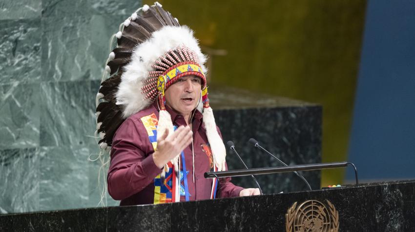 National Chief Perry Bellegarde of the Assembly of First Nations, Canada, addresses the High-level event of the General Assembly at the conclusion of the International Year of Indigenous Languages (2019), 17 December 2019. UN Photo/Rick Bajornas