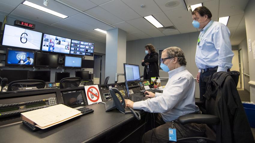 A view from the UNTV studio as the Security Council holds an open video conference in connection with the situation in the Middle East (Yemen). Seated is John Montenero, Senior Broadcast and Conference Operator at the Office of Information and Communicati