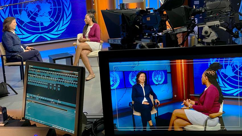 Photo of Melissa Fleming interviewing Funmi Balogun in the UNHQ studios