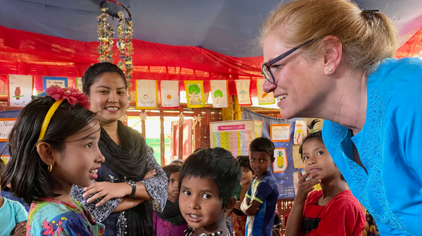 Anne-Marie Grey, Executive Director and CEO of USA for UNHCR, meets with young Rohingya refugees in Cox's Bazar, Bangladesh. ©USA for UNHCR/Nicholas Feeney 