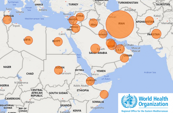 WHO map of COVID-19 cases in the Middle East region