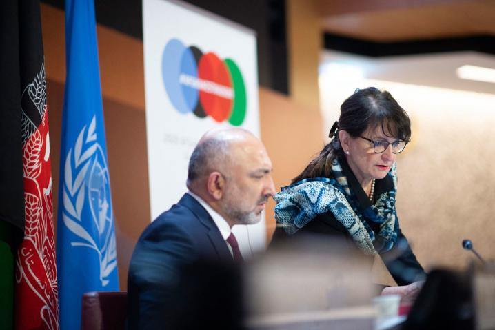 Mohammad Haneef Atmar (left), Minister of Foreign Affairs of Afghanistan confers with Deborah Lyons, Special Representative of the Secretary-General of the United Nations for Afghanistan at the UN in Geneva.