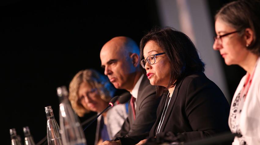 CITES Secretary-General Ivonne Higuero speaking at the 18th Conference of the CITES Parties, Geneva, Switzerland. August 2019. © Kiara Worth