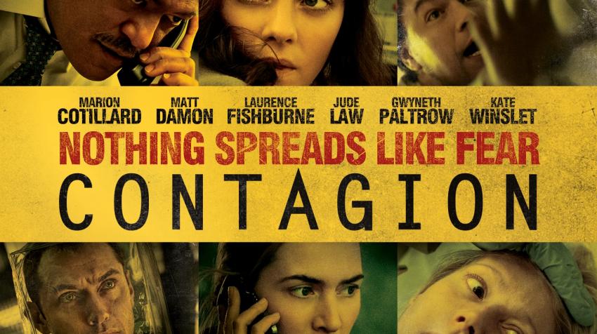 Yellow movie poster with the title, "Contagion," in the middle and three characters in the movie, each on the upper and the lower part of the poster. 