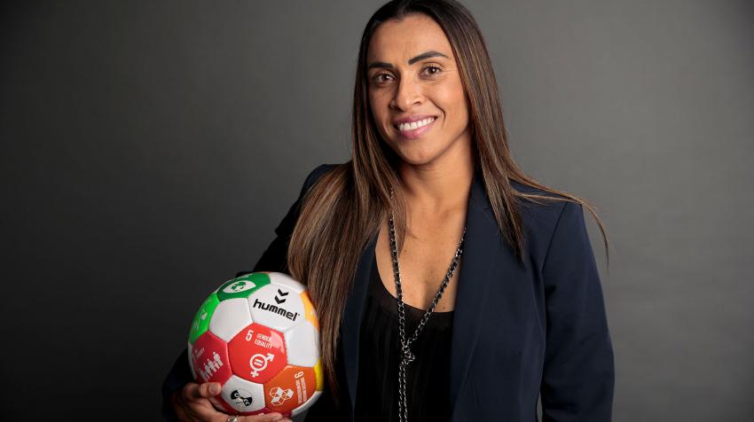 Portrait of Marta Vieira da Silva with SDG ball. Photo: UN-Women/Ryan Brown