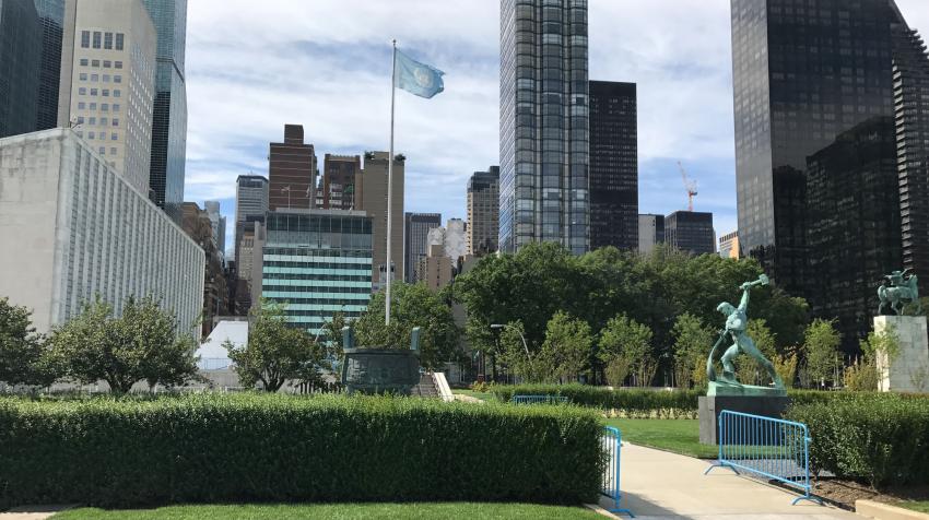 Green area near the east river with statues gifted by member states and a flag pole with the UN flag. 