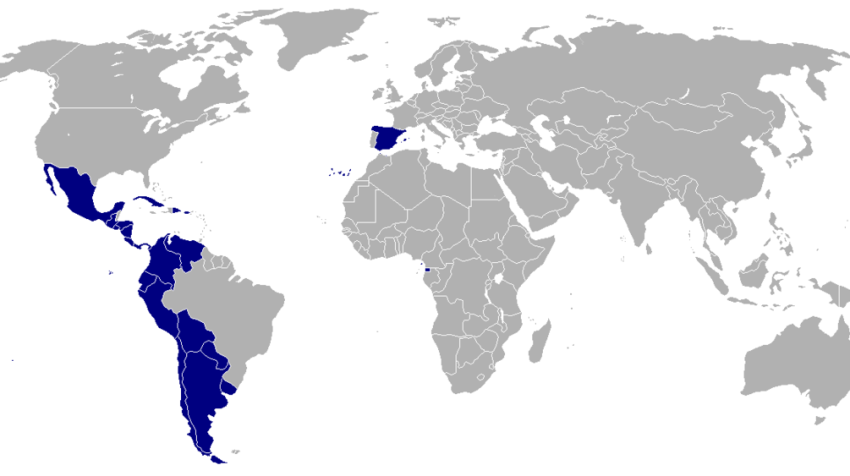 Map of the world showing the countries where Spanish is the official and main language. 