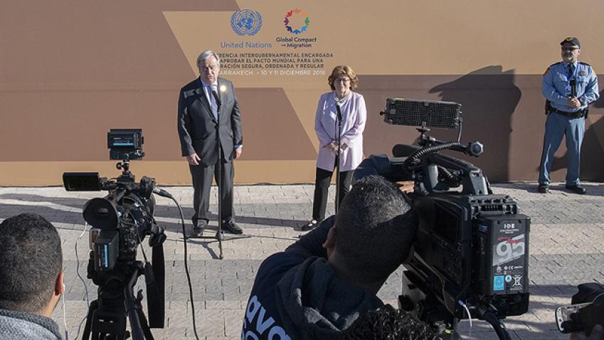 UN Secretary-General António Guterres and Louise Arbour, UN Special Representative for International Migration, hold a stakeout after the opening of Global Compact for Migration Conference in Marrakech, Morocco.  10 December 2018.