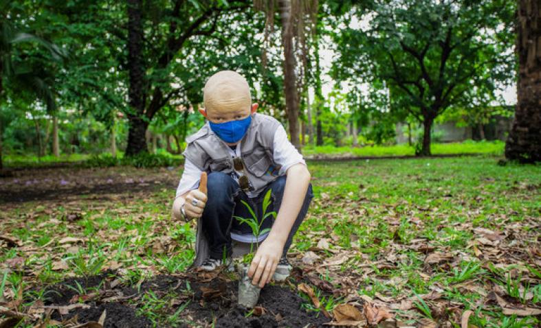 Niño contento planta un esqueje